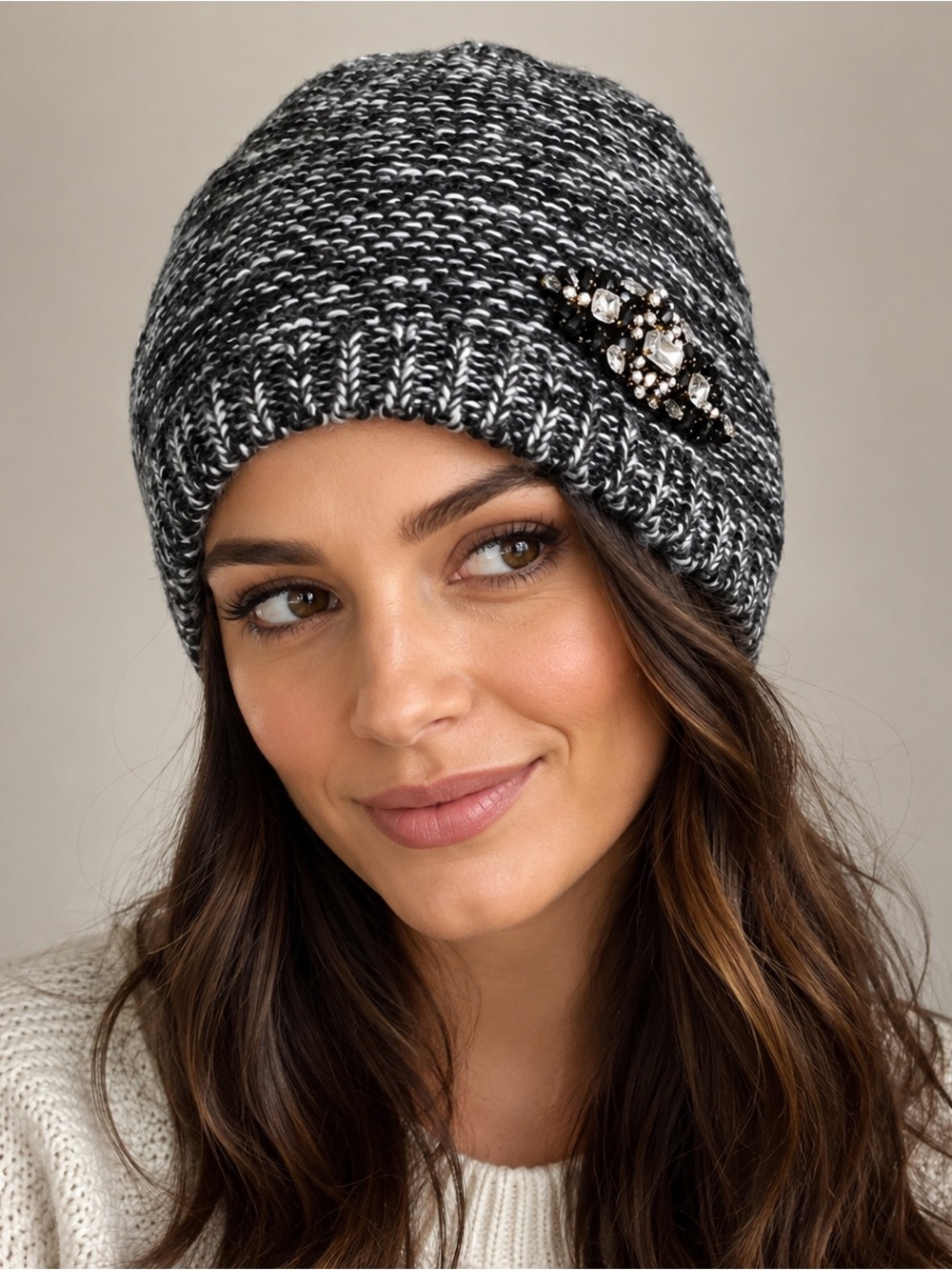 MIXIT Jeweled Rhinestone Marled Knit Beanie Black Gray One Size